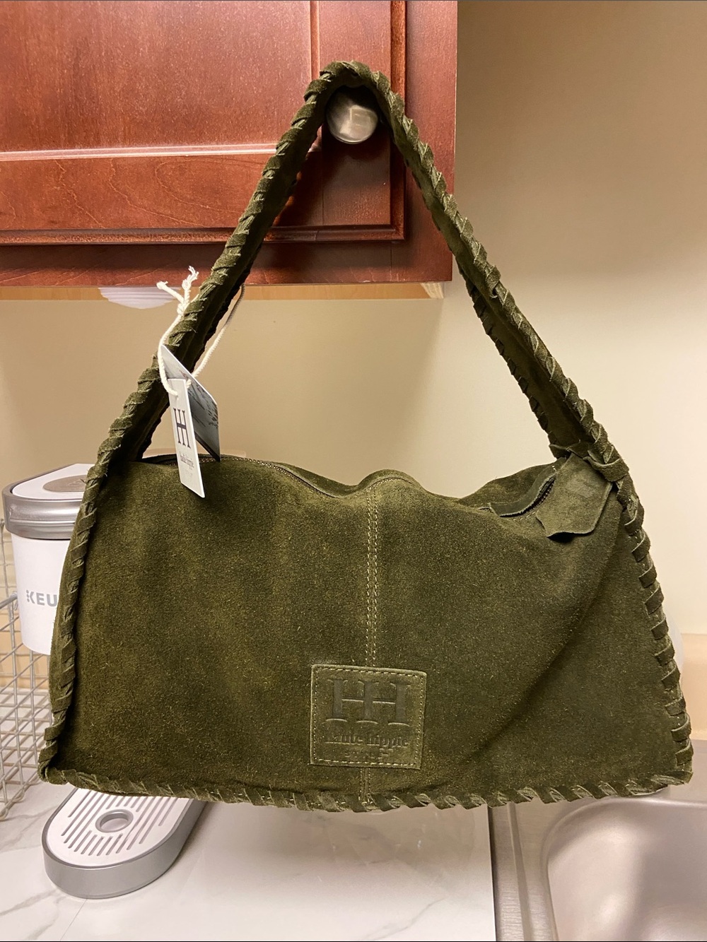 Haute Hippie Olive Green Braided Suede Hobo Shoulder Bag - Picture 5 of 15